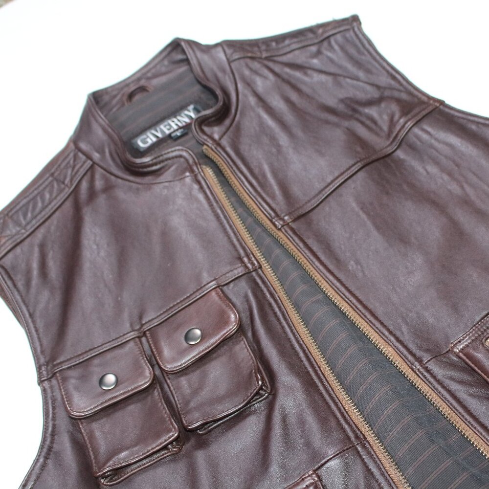 Giverny Genuine Leather Utility Aviator Vest Brown Men’s Zip Pockets
